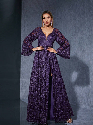 Ruffle Half-Chest Mid-Sleeve Embroidered Lace High-End Evening Dress