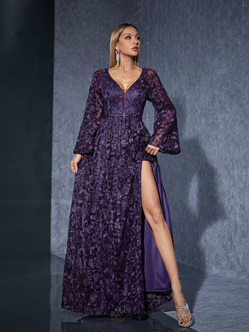 Ruffle Half-Chest Mid-Sleeve Embroidered Lace High-End Evening Dress
