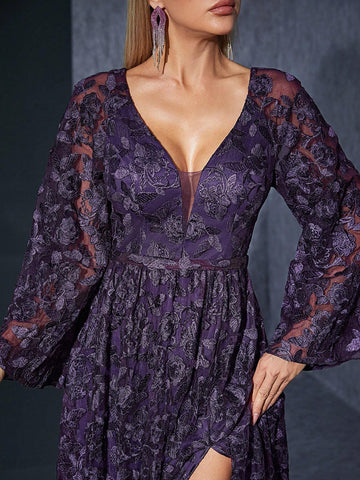 Ruffle Half-Chest Mid-Sleeve Embroidered Lace High-End Evening Dress