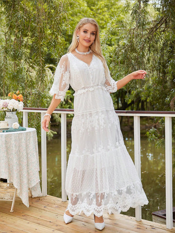 Ruffle Hem Lace Overlay Dress