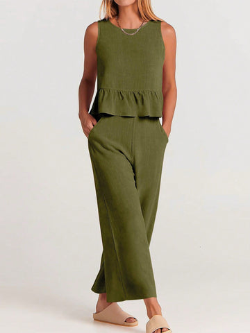 Ruffle Hem Tank Top & Wide Leg Pants