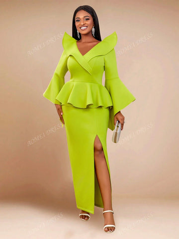 Ruffle Sleeve V-Neck Fitted Dress