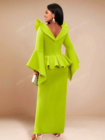 Ruffle Sleeve V-Neck Fitted Dress