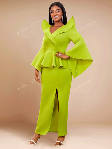 Ruffle Sleeve V-Neck Fitted Dress