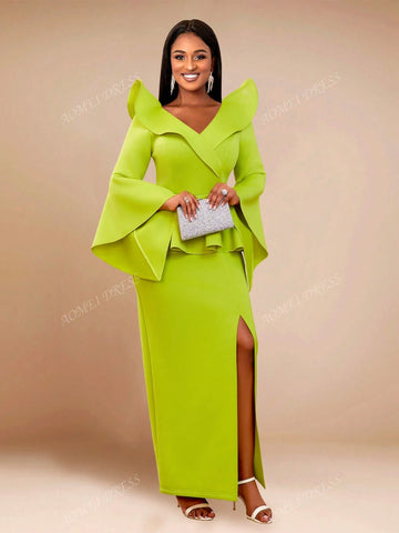 Ruffle Sleeve V-Neck Fitted Dress