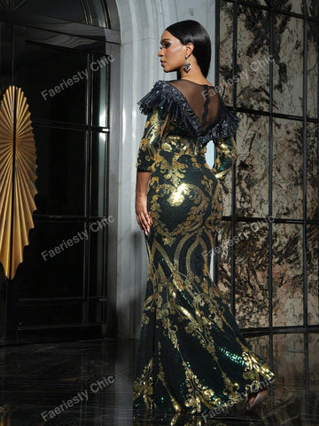 Ruffle Trim 3/4 Sleeves Mermaid Hem Graphic Sequin Party Dress