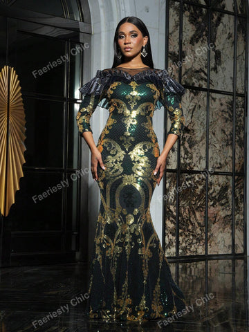 Ruffle Trim 3/4 Sleeves Mermaid Hem Graphic Sequin Party Dress