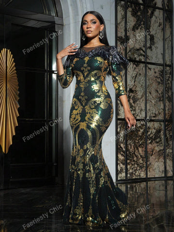 Ruffle Trim 3/4 Sleeves Mermaid Hem Graphic Sequin Party Dress