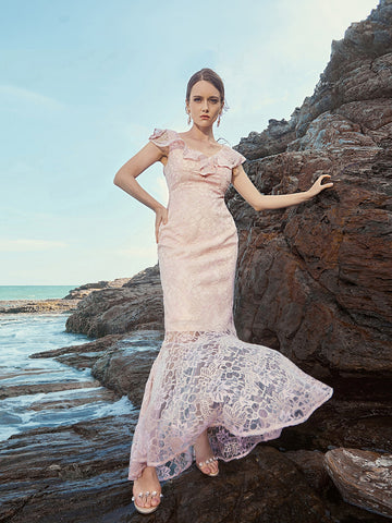 Ruffle Trim Lace Mermaid Prom Dress