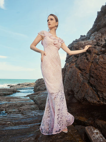 Ruffle Trim Lace Mermaid Prom Dress