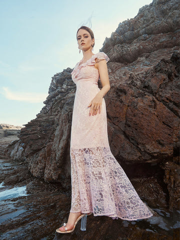 Ruffle Trim Lace Mermaid Prom Dress