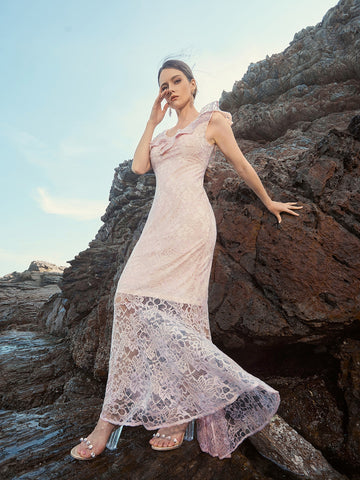 Ruffle Trim Lace Mermaid Prom Dress