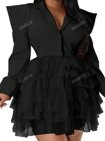 Ruffle Trim Mesh Hem Short Dress