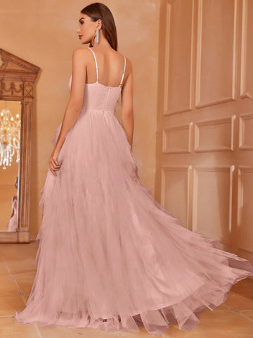 Ruffle Trim Mesh Overlay Cami Wedding Dress