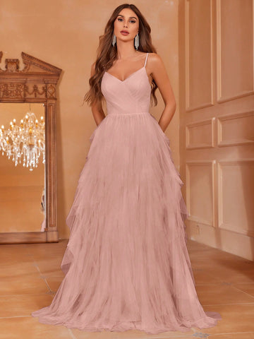 Ruffle Trim Mesh Overlay Cami Wedding Dress