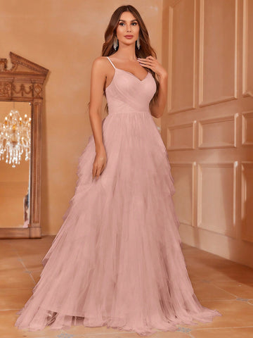 Ruffle Trim Mesh Overlay Cami Wedding Dress