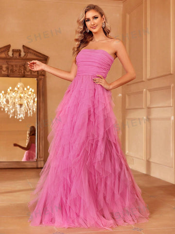 Ruffle Trim Mesh Tube Wedding Dress