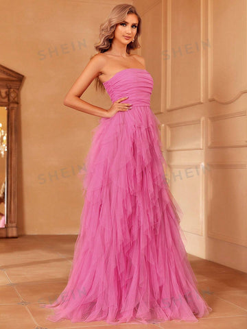 Ruffle Trim Mesh Tube Wedding Dress