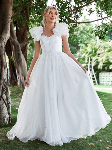 Ruffle Trim Mesh Wedding Dress