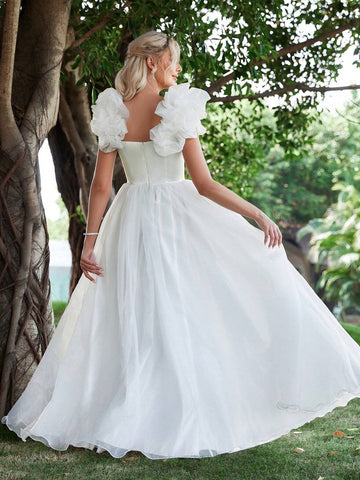 Ruffle Trim Mesh Wedding Dress