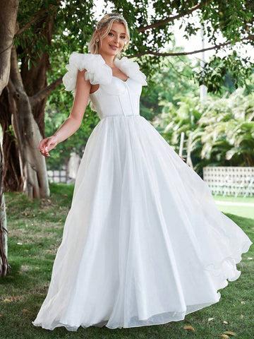 Ruffle Trim Mesh Wedding Dress