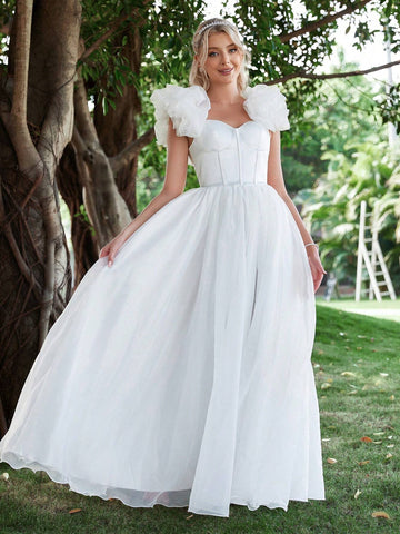 Ruffle Trim Mesh Wedding Dress