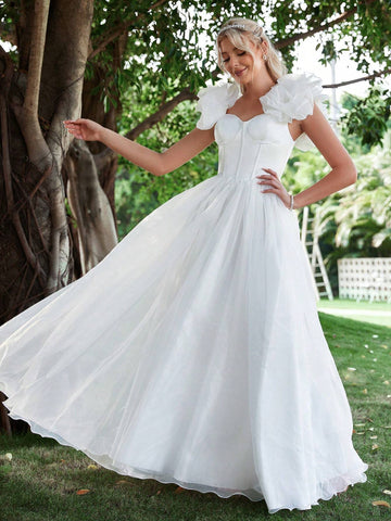 Ruffle Trim Mesh Wedding Dress