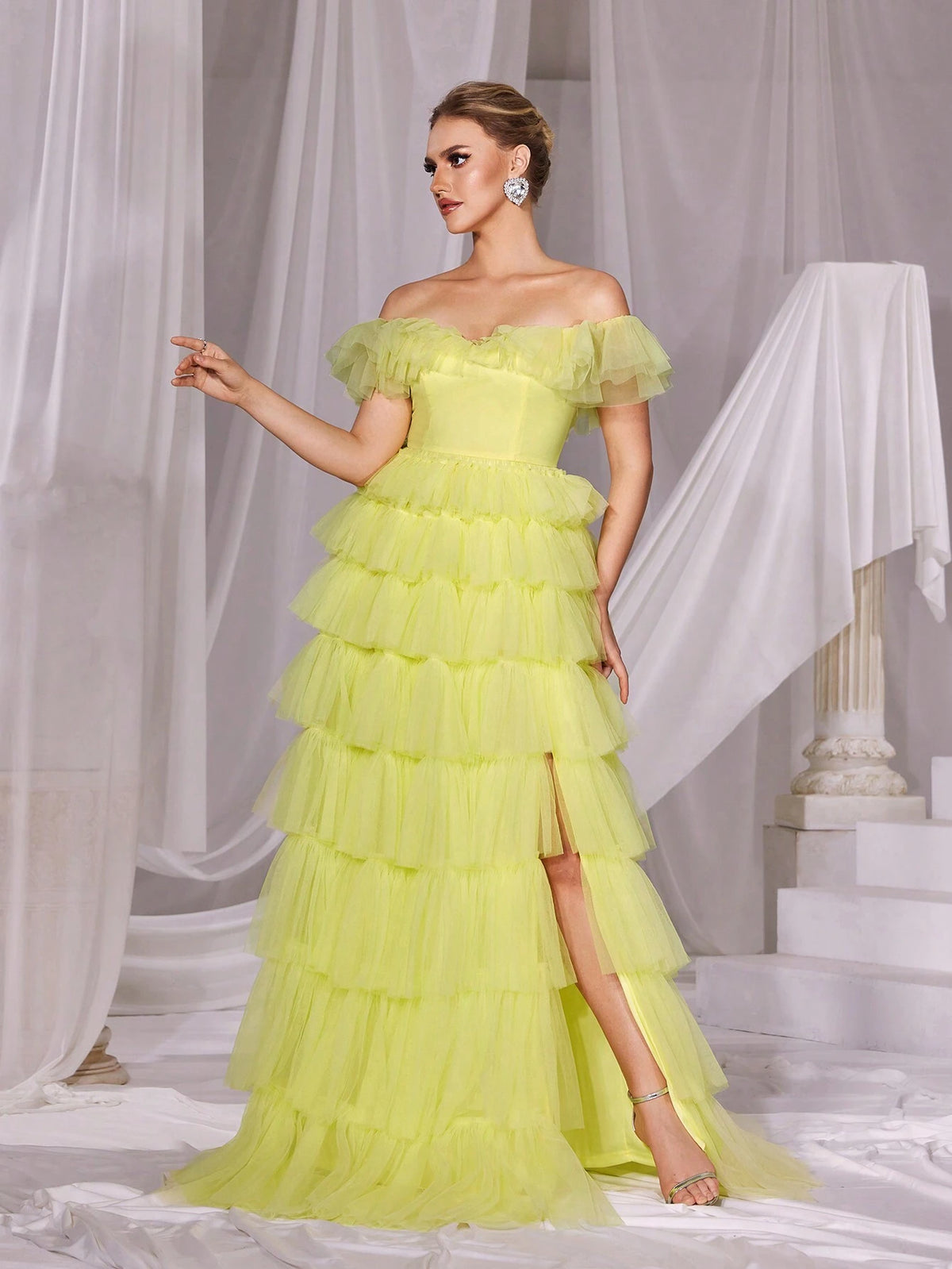 Ruffle Trim Off Shoulder Mesh Layered Prom Dress