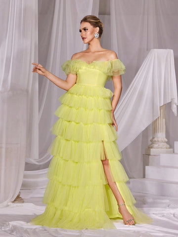 Ruffle Trim Off Shoulder Mesh Layered Prom Dress