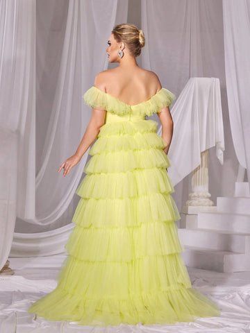 Ruffle Trim Off Shoulder Mesh Layered Prom Dress