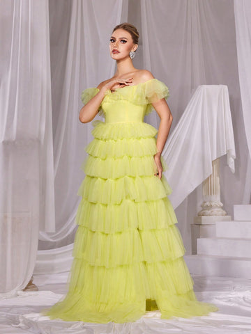 Ruffle Trim Off Shoulder Mesh Layered Prom Dress