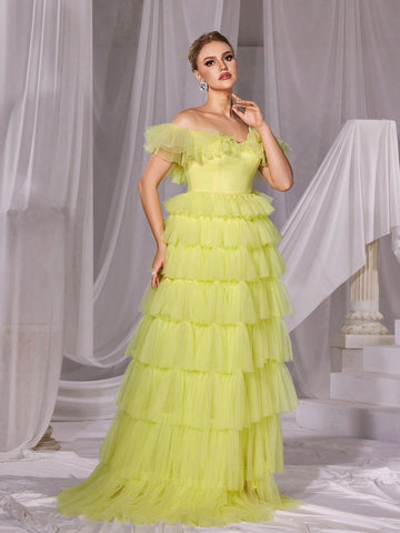 Ruffle Trim Off Shoulder Mesh Layered Prom Dress