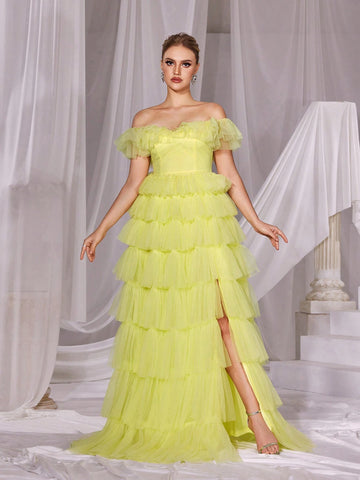 Ruffle Trim Off Shoulder Mesh Layered Prom Dress
