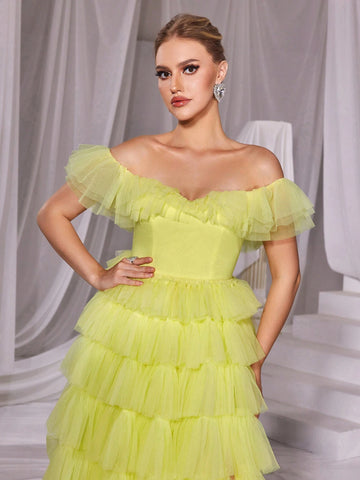 Ruffle Trim Off Shoulder Mesh Layered Prom Dress