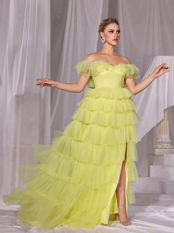Ruffle Trim Off Shoulder Mesh Layered Prom Dress
