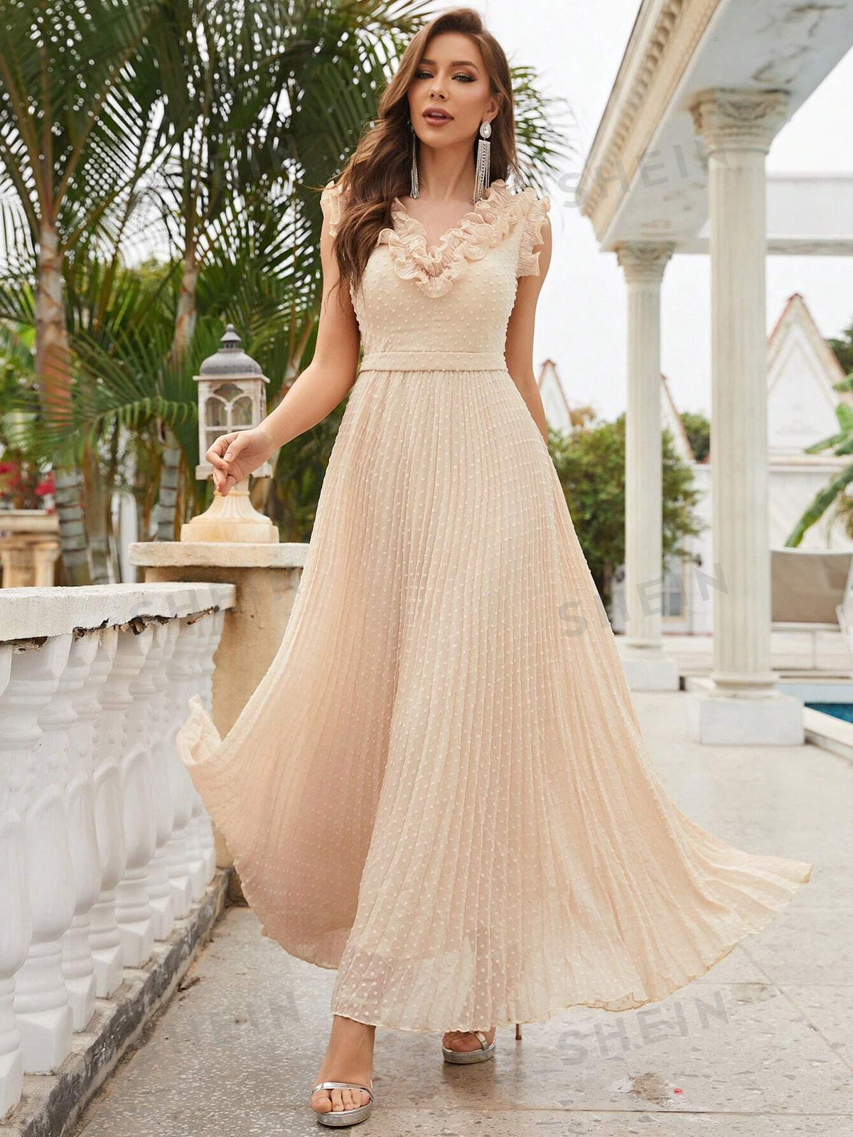 Ruffle Trim Pleated Hem Chiffon Bridesmaid Dress