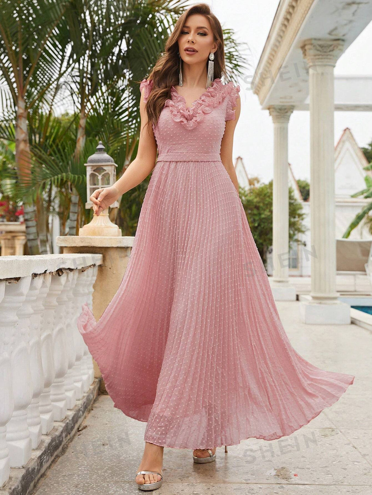 Ruffle Trim Pleated Hem Chiffon Bridesmaid Dress