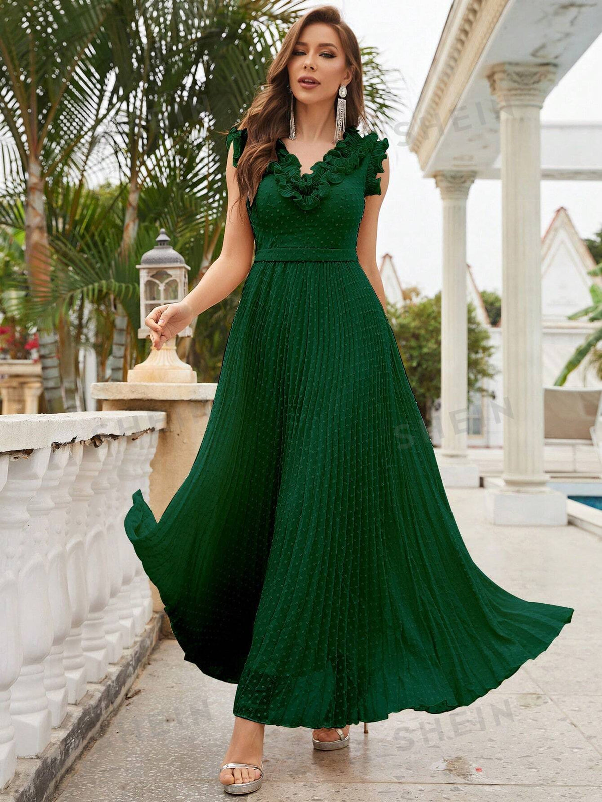 Ruffle Trim Pleated Hem Chiffon Bridesmaid Dress