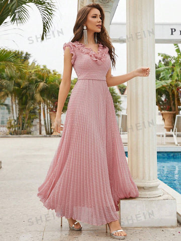 Ruffle Trim Pleated Hem Chiffon Bridesmaid Dress