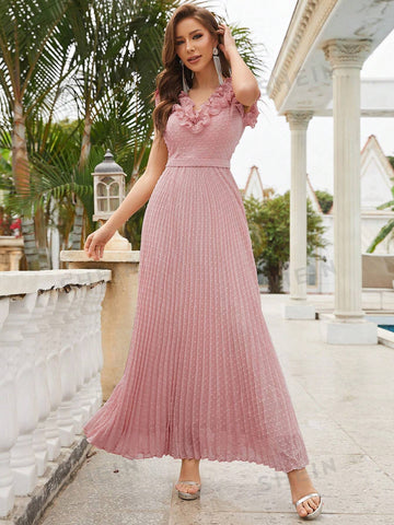 Ruffle Trim Pleated Hem Chiffon Bridesmaid Dress