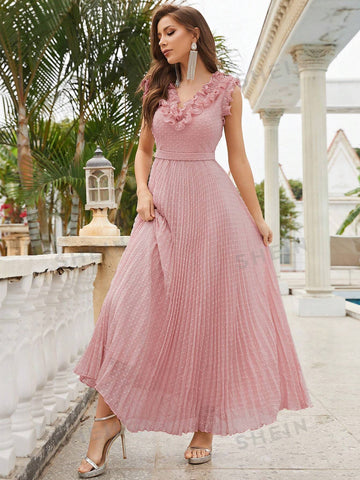 Ruffle Trim Pleated Hem Chiffon Bridesmaid Dress