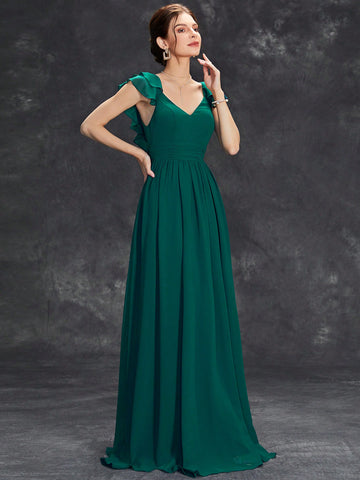 Ruffle Trim Ruched Bodice Bridesmaid Dress