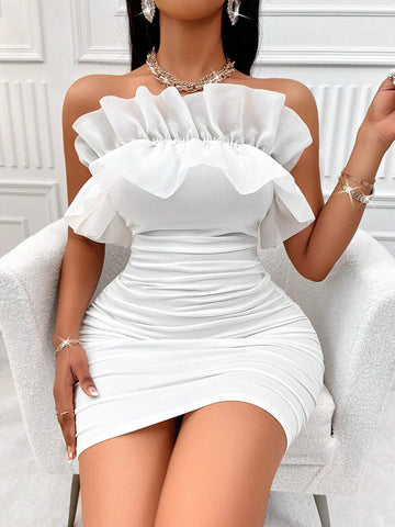 Ruffle Trim Ruched Tube Bodycon Dress
