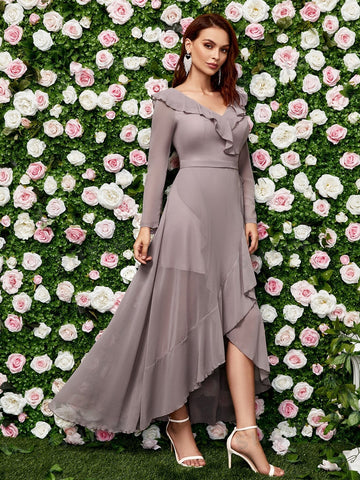 Ruffle Trim Ruffle Hem Chiffon Bridesmaid Dress