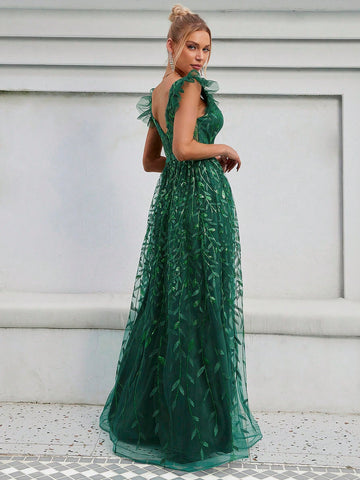 Ruffle Trim Sequin Mesh Bridesmaid Dress