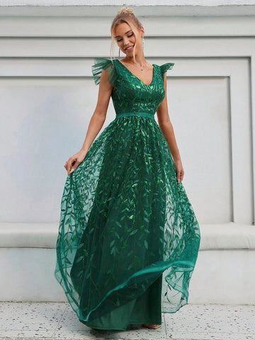 Ruffle Trim Sequin Mesh Bridesmaid Dress