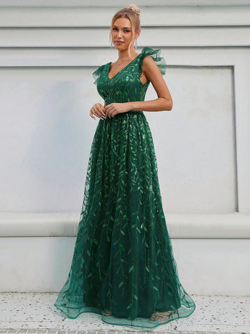 Ruffle Trim Sequin Mesh Bridesmaid Dress