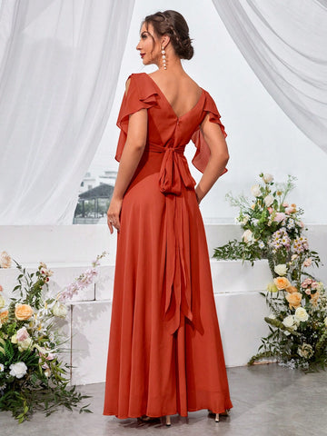 Ruffle Trim Split Sleeve Chiffon Formal Bridesmaid Dress