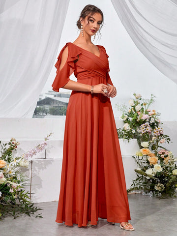 Ruffle Trim Split Sleeve Chiffon Formal Bridesmaid Dress