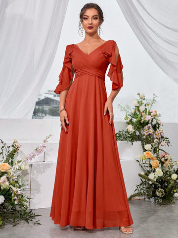 Ruffle Trim Split Sleeve Chiffon Formal Bridesmaid Dress